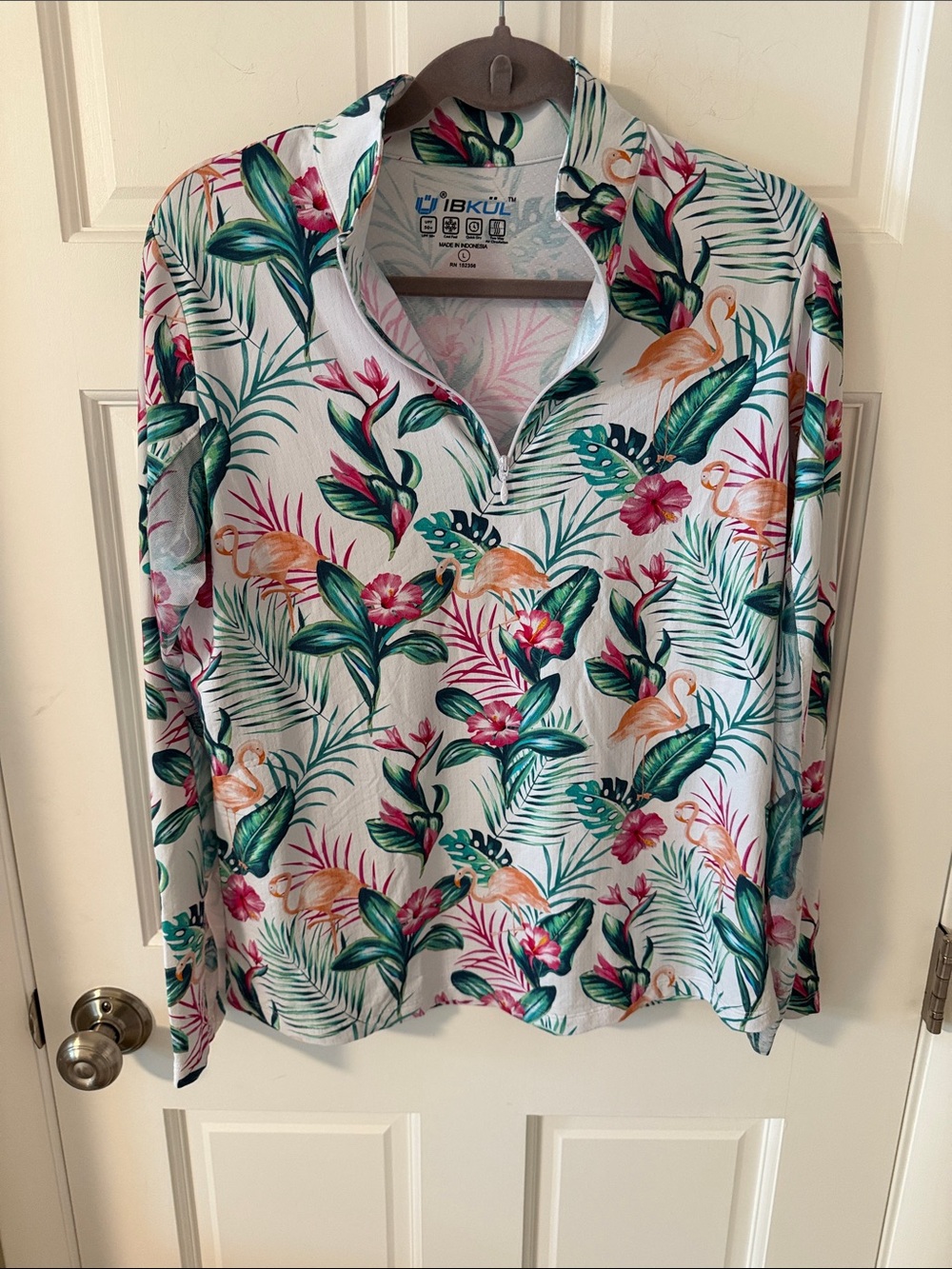 IBKUL Women's Flamingo Tropical Print Long Sleeve Mock Neck Golf Sun Shirt L